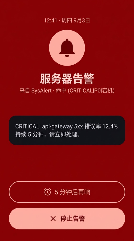 全屏告警页面，提示服务器告警短信并持续响铃